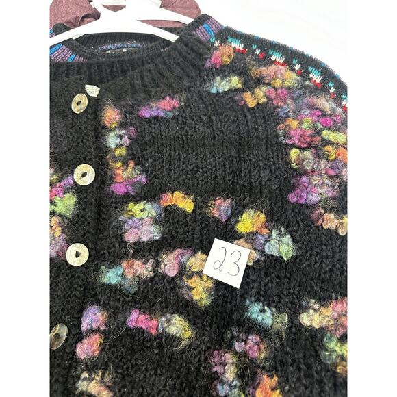 Hand Knit By Miss D Womens Sweater Size Unknown Black Colorful Knit Button Up - Picture 9 of 9